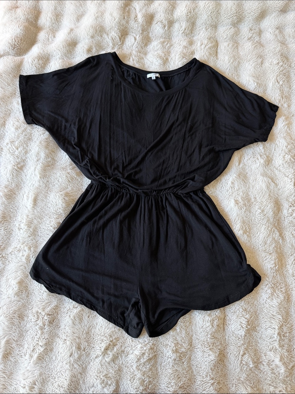 Black Short-Sleeve Elastic-Waist Romper - Women's Top